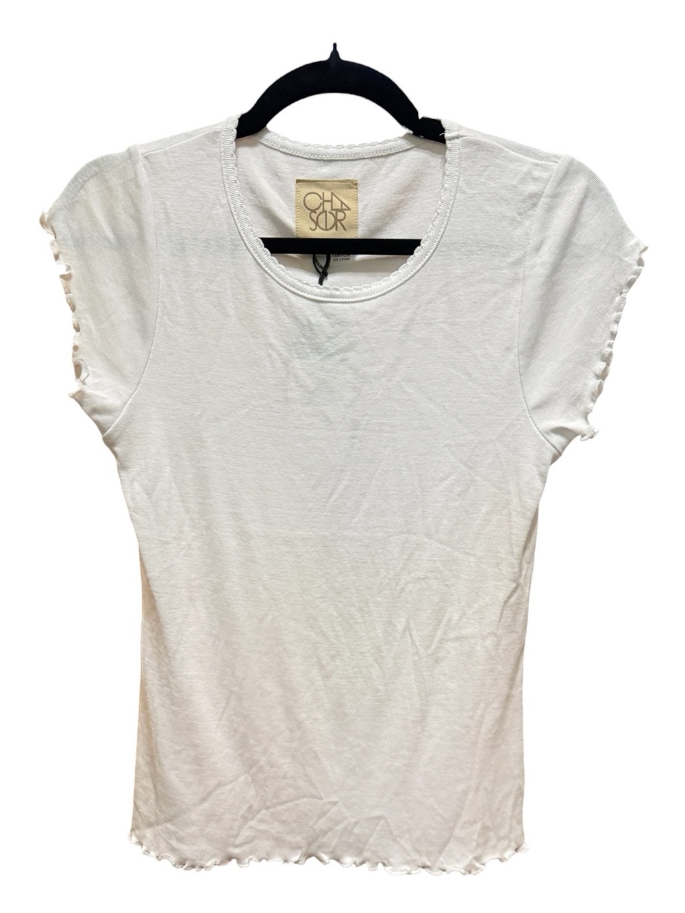 Chaser White Cotton Lettuce Edge Short Sleeve Top Size L NWT